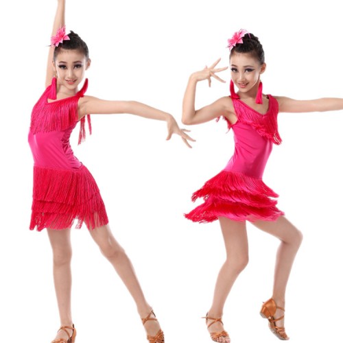 Kids latin dresses girls stage performance competition red black green blue fringes salsa rumba practice dresses